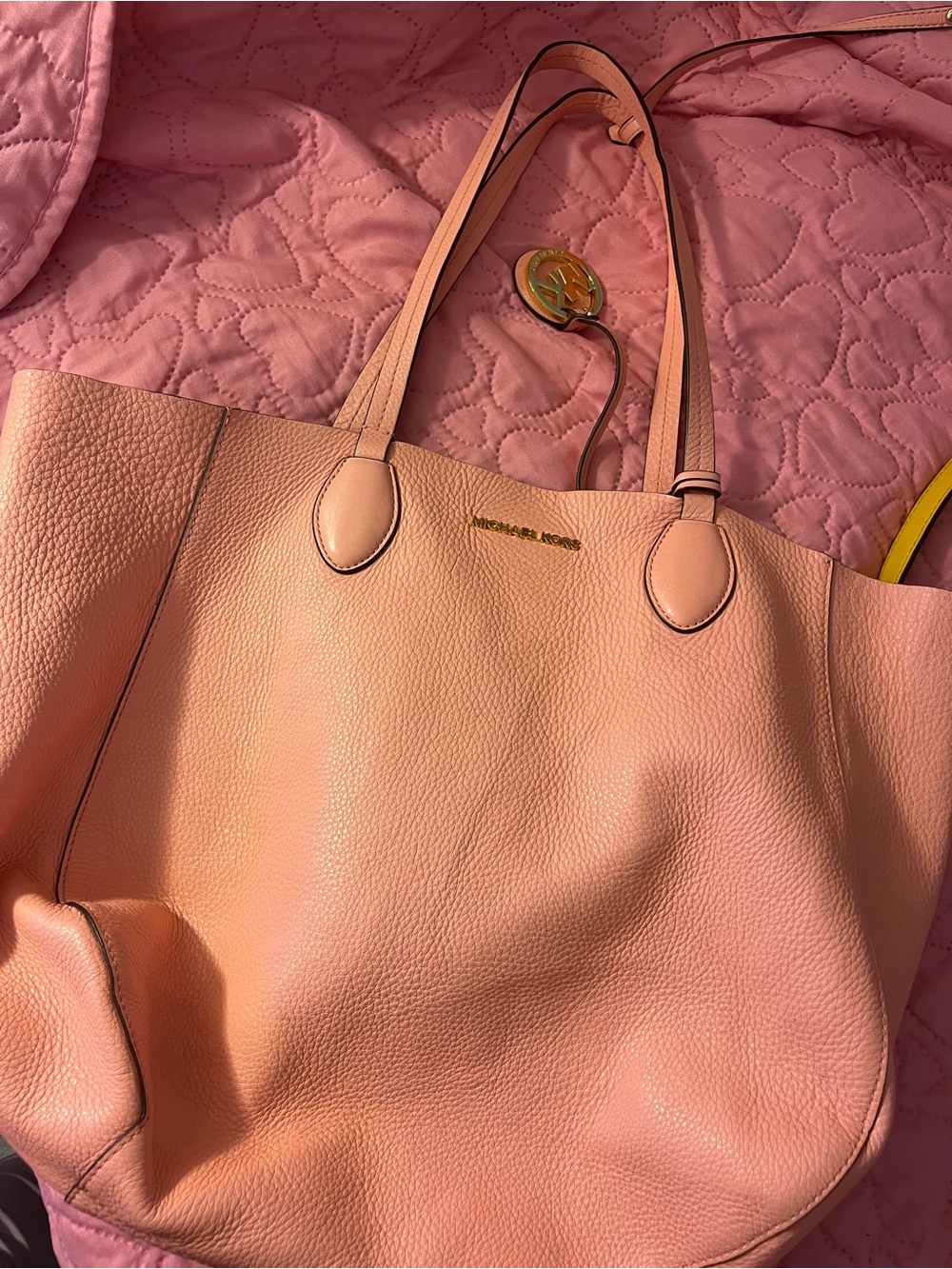 Michael Kors Reversible Coral Pink Pebbled Leather Tote with Gold Logo